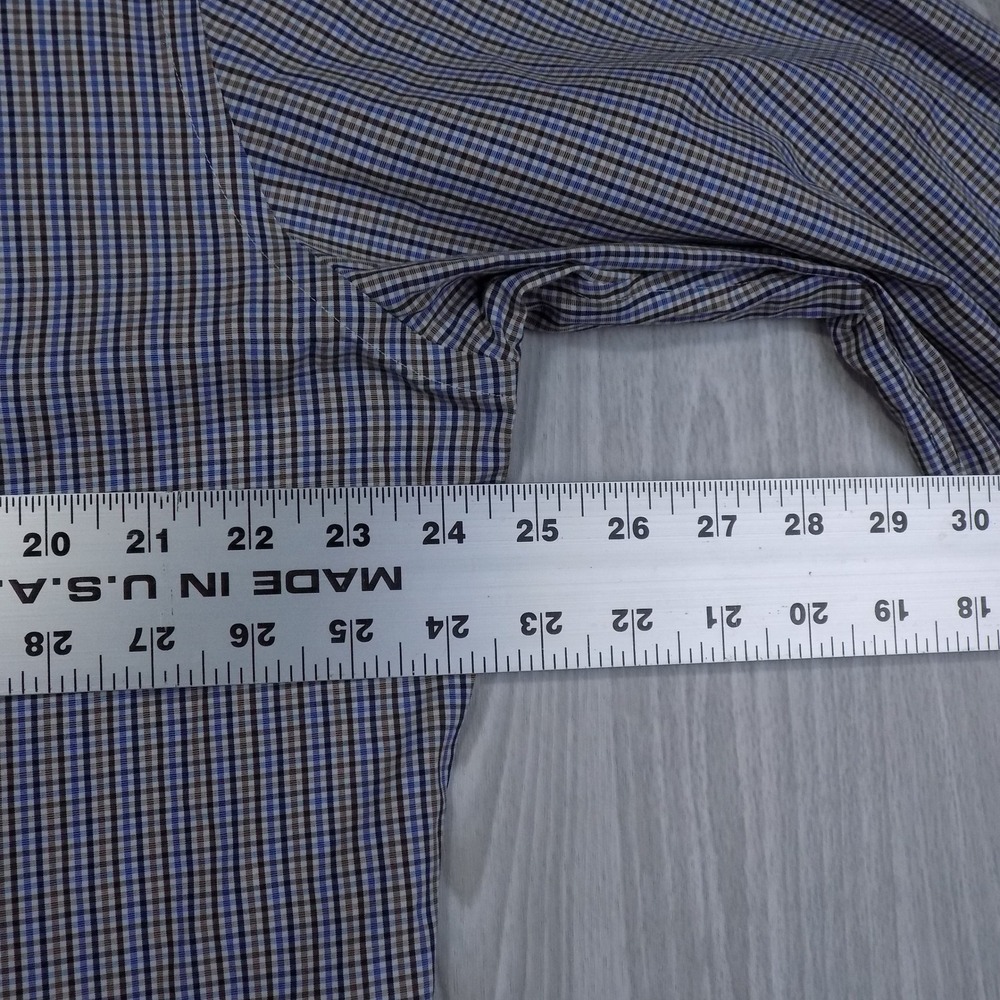 Peter Millar Nanoluxe Shirt Mens 17.5 Blue Brown Check Extra Long Button-Down - Picture 3 of 9